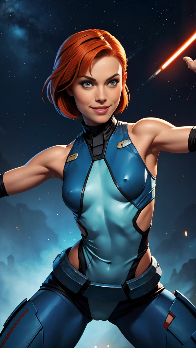 Bo Katan from Star Wars, short straight ginger hair, naked, small perky breasts, Sexy pose, Battle stance, smile
