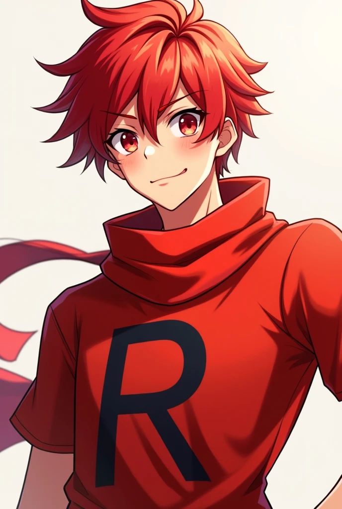 Make a male anime character with red hair red eyes red scarf an r printed on the shirt with the red shirt smiling