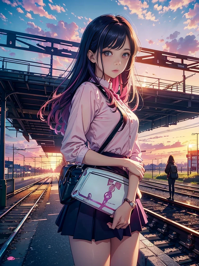 magenta tint、vibrant with colors、((tmasterpiece)))、(((top-quality)))、((ultra - detailed))、(Surreal)、(Very detailed CG illustration)、offcial art、CD cover、It will be、midsummer、fashionably、The glorious 1980s、Cool beauty、cochetti gorgeous、incomparable beauty、colorfulhair、Rock music、jaqueta de couro、Superskirt、Women only、perfect angle、Perfectcomposition、(twilight,railway station,train,rosy clouds),