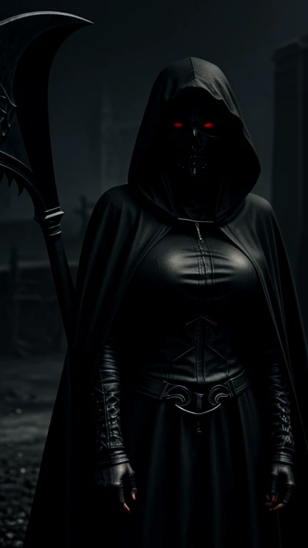 a female angel of death, hooded figure with a scythe, piercing glowing eyes, dark and threatening atmosphere, highly detailed, intricate gothic style, dramatic lighting, dark moody colors, moody cinematic lighting, concept art, 8k, photorealistic, hyperealistic