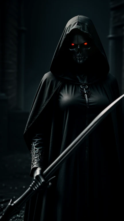 a female angel of death, hooded figure with a scythe, piercing glowing eyes, dark and threatening atmosphere, highly detailed, intricate gothic style, dramatic lighting, dark moody colors, moody cinematic lighting, concept art, 8k, photorealistic, hyperealistic