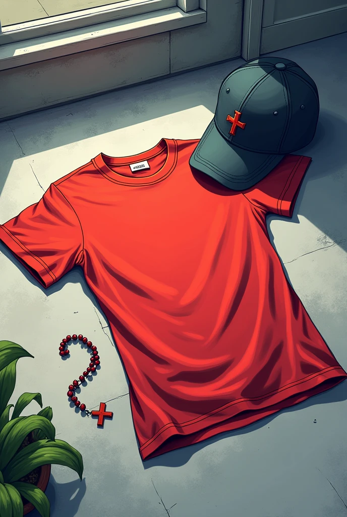 Wrinkled red t-shirt lying on the ground and next to it a baseball cap and a rosary 2d anime style very expressive and visually beautiful image