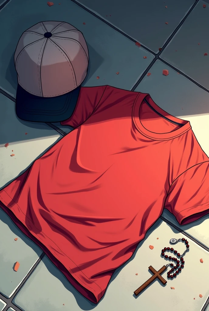 Wrinkled red t-shirt lying on the ground and next to it a baseball cap and a rosary 2d anime style very expressive and visually beautiful image