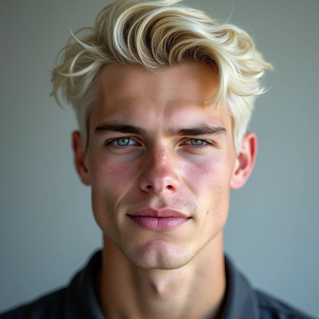 photograph head shot of an attractive 22 year-old male, Germanic-Icelandic features, short textured wavy platinum blond hair, side swept bangs, pale skin tone, raised eyebrow smirk expression, 16k, extremely detailed skin