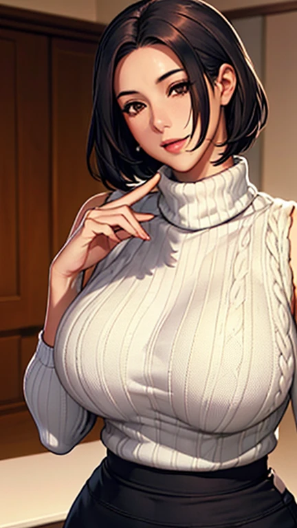 The Man Behind the Woman,Touching women's breasts、Side Shot、Light background、Japanese woman wearing a white turtleneck sleeveless sweater、 (((Hold your elbows against your chest))), ((Highest quality)), ((Intricate details)), (((Long black hair)), irrational solution, The Law of Perspective, Very detailed, Realistic, 1 girl, ((Big Breasts)), Perfect hands, Finger details, Beautiful and beautiful eyes, short hair, Brown eyes,(turtleneck:1.2), Tight Skirt, Detailed Background, choker, Perfect Eyes, Captivating eyes,, from the front、Laughter、Moles around the mouth、white knit dress