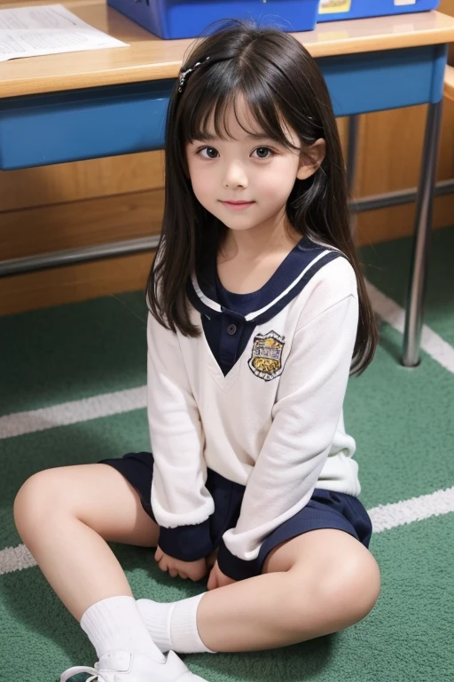 Cute and lovely elementary school first grade girl pretty face full body sitting full picture little kid sexy naughty