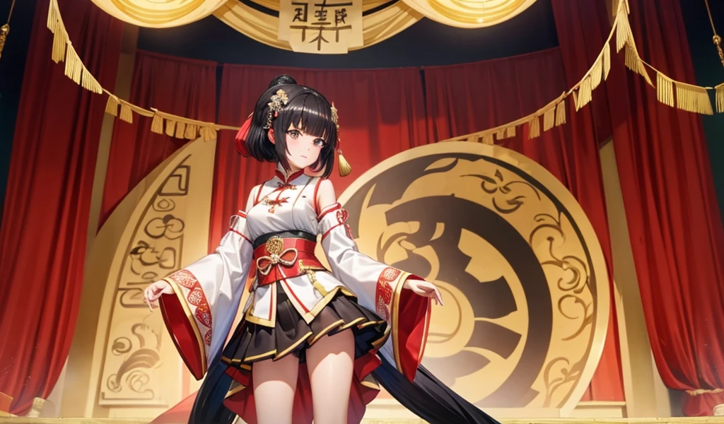 Black-haired flat-chested girl,Hairpin,Chinese imperial concubine clothing,Short skirt,thigh,Standing,Chinese Palace,