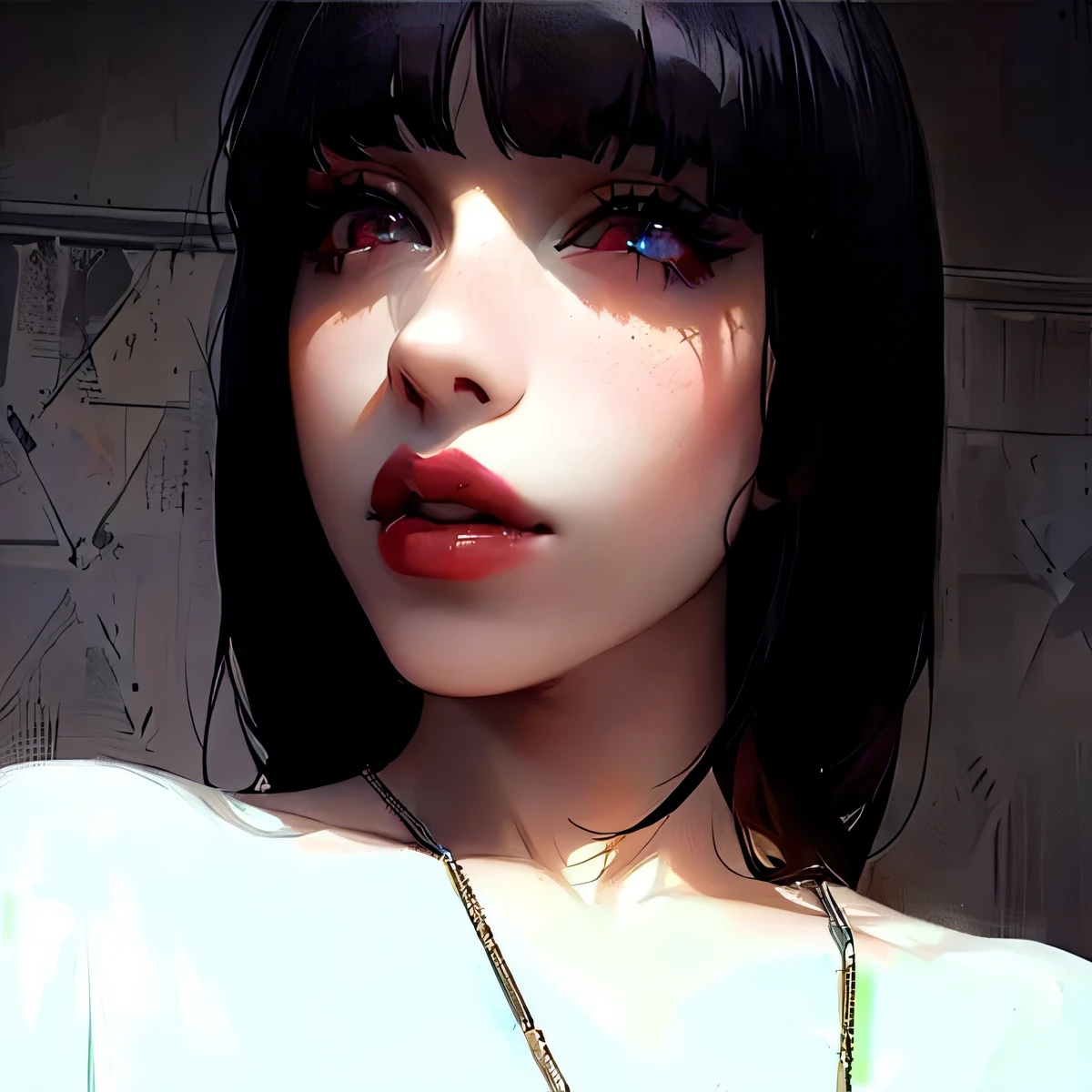 there is a woman with a necklace on her neck and a necklace on her neck, 1 goth girl, 🤤 girl portrait, 1 anime goth girl, pale goth beauty, she has black hair with bangs, lily frank, extremely pale white skin, pale porcelain white skin, with pale skin, 1 girl