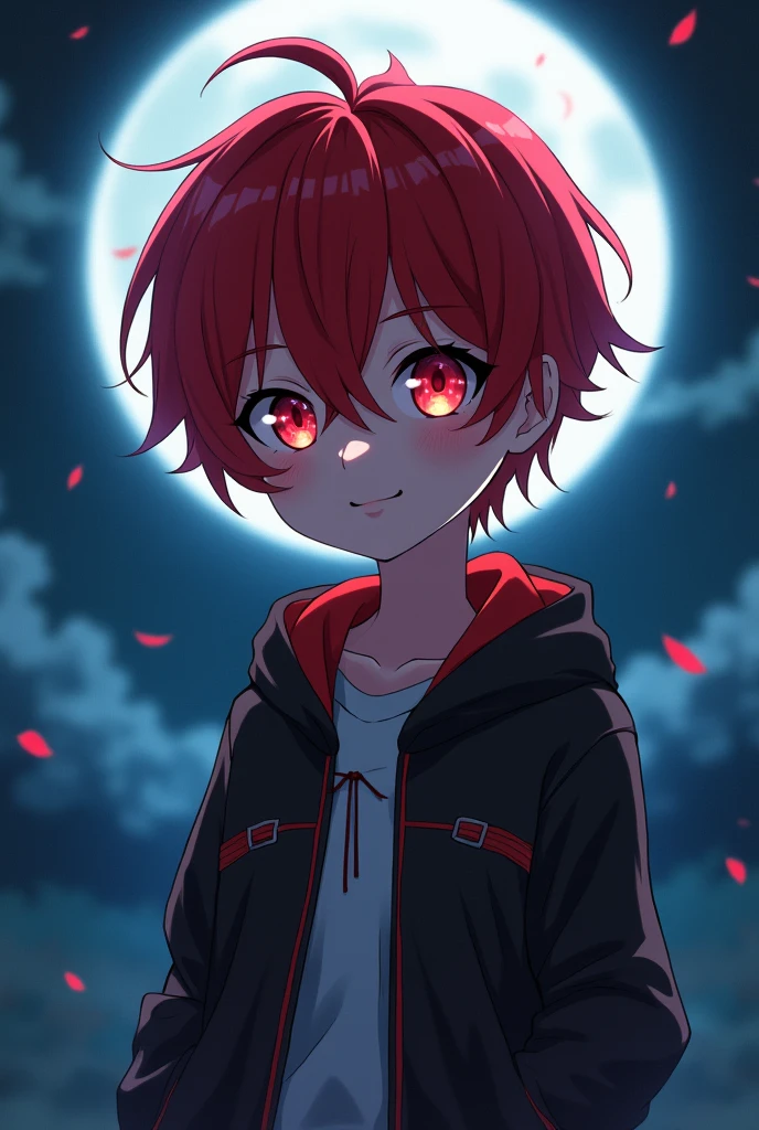 red hair, red eyes, anime, child, handsome, strong, , short hair, night, smiling, pretending innocence
      