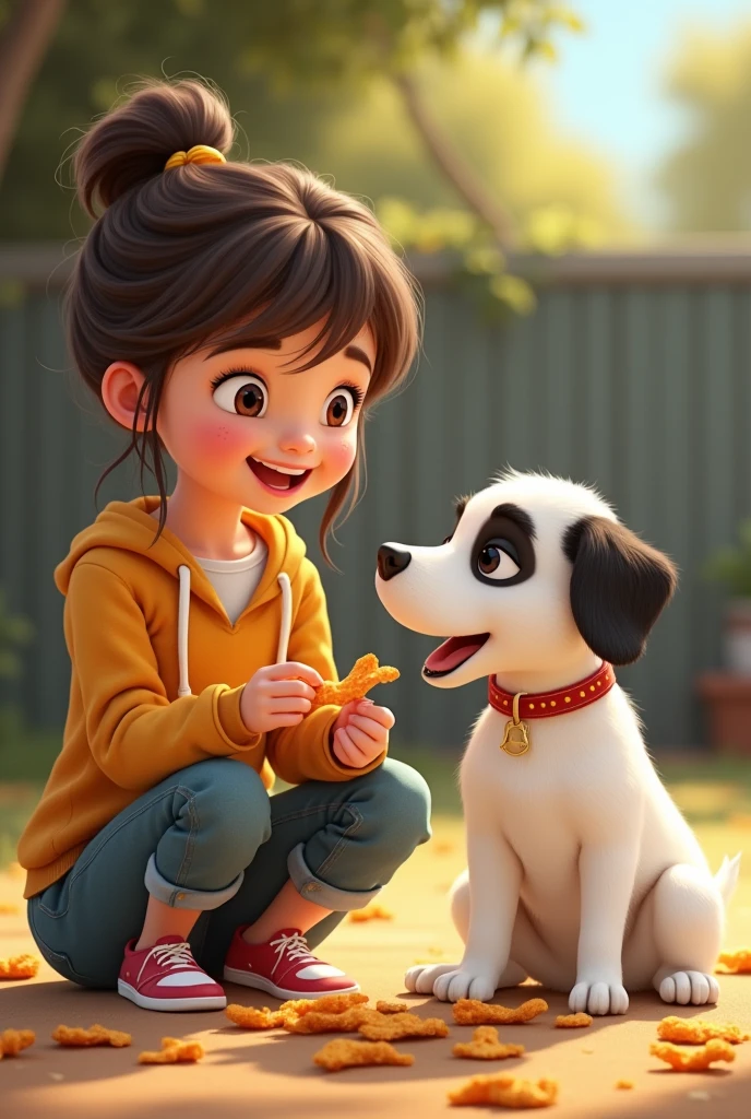 Young girl with white dog that has 1 black ear eating pork rinds