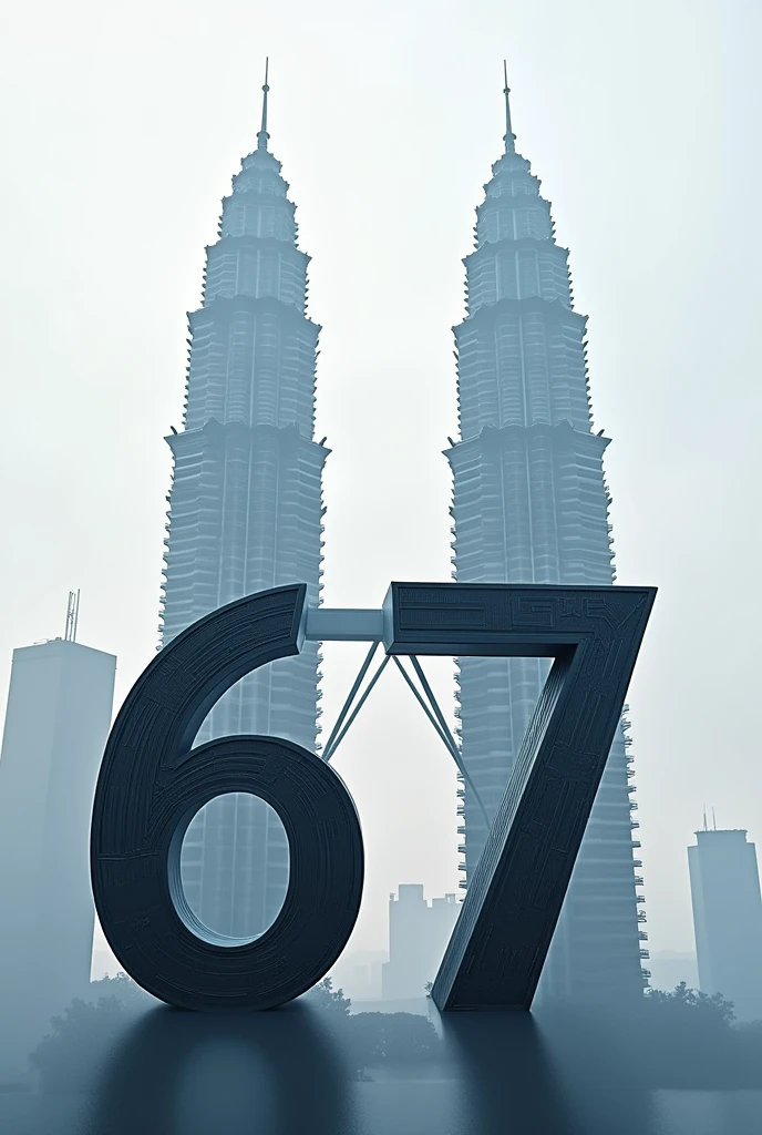 Create a design for the number '67' where the structure of the numbers themselves incorporates elements of the Petronas Twin Towers. The design should make the digits '6' and '7' appear as if they are formed from the architectural lines of the towers. You can use the vertical lines of the Twin Towers to shape the borders of the numbers, with the spires of the towers integrated into the tops of the digits, making them look both like numbers and reminiscent of the Twin Towers. For colors, consider using cool tones like gray and blue to mimic the glass and steel of the towers, adding a modern feel and a strong connection to Malaysia. The overall design should focus on smooth lines and harmonious structure, ensuring that the number '67' immediately evokes the image of the Petronas Twin Towers."