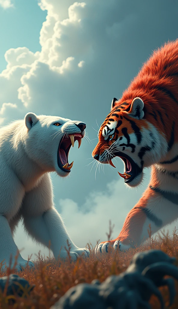 A shocking scene shows a scorpion and a polar bear facing each other fiercely.   Both animals are shown with open mouths showing their teeth.   The red-haired tiger stood in a powerful posture, while the polar bear spotted the aggression.   The background shows a field of clouds with heavy clouds and bold graphics versus highlighted graphics.