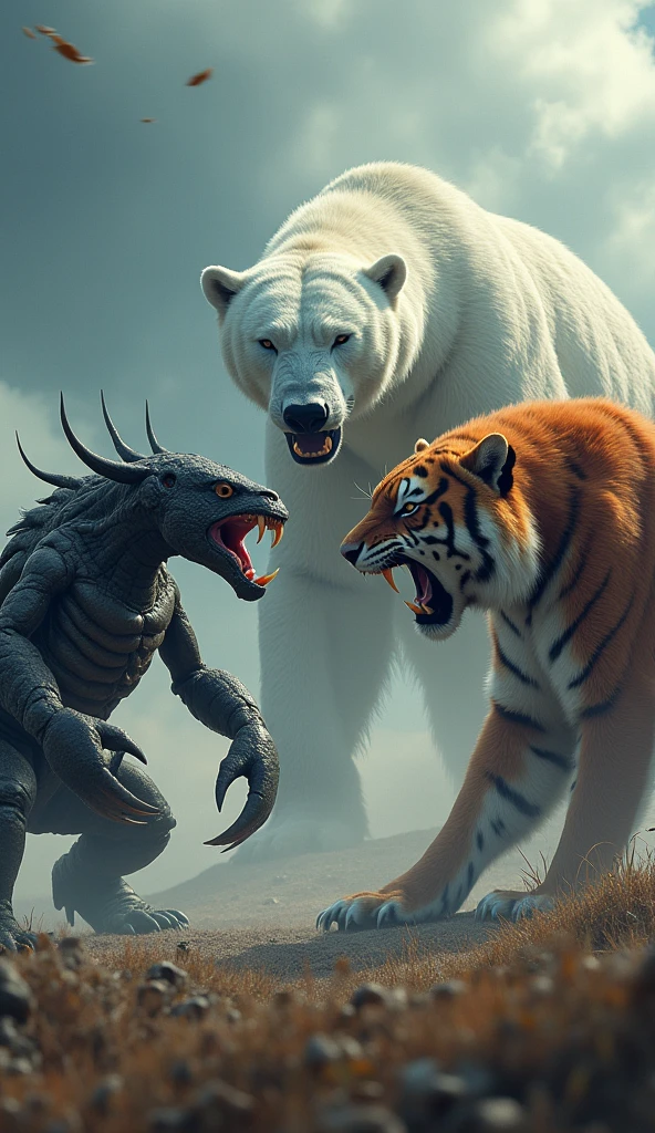 A shocking scene shows a scorpion and a polar bear facing each other fiercely. Both animals are shown with open mouths showing their teeth. The red-haired tiger stood in a powerful posture, while the polar bear spotted the aggression. The background shows a field of clouds with heavy clouds and bold graphics versus highlighted graphics.