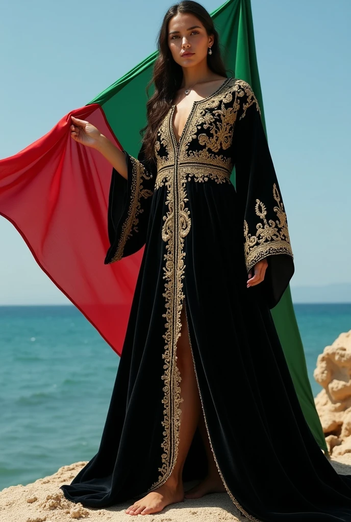 Black velvet jacket caftan with gold embroidered details on the shoulders and cuffs, arabesque, art nouveau, Flemish baroque embroidery, holding the Algerian flag in white and green, looking directly at the camera, she is standing on the blue seashore