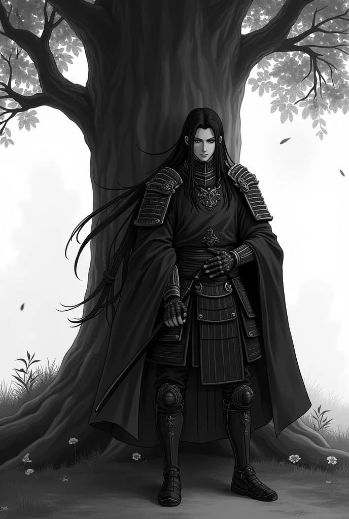 Create a black and white male anime character leaning against a tree with long hair, samurai armor