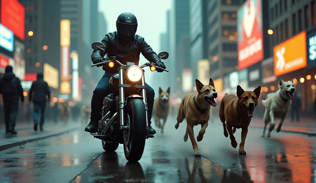 in the city, on a street, man, on a motorcycle, dogs chasing, cinematic, realistic, 4k