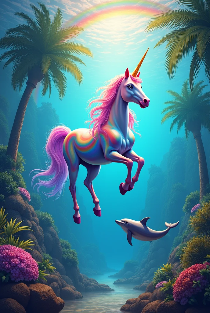 Colorful unicorn with dolphins in the sea with palm trees and a rainbow