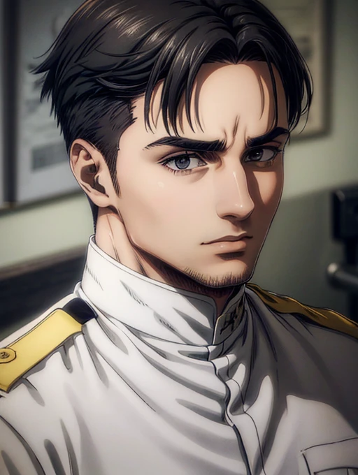 1 man, military hair black, gray eyes, White military uniform, quartel general, high resolution, Masterpiece artwork, super detaill, 