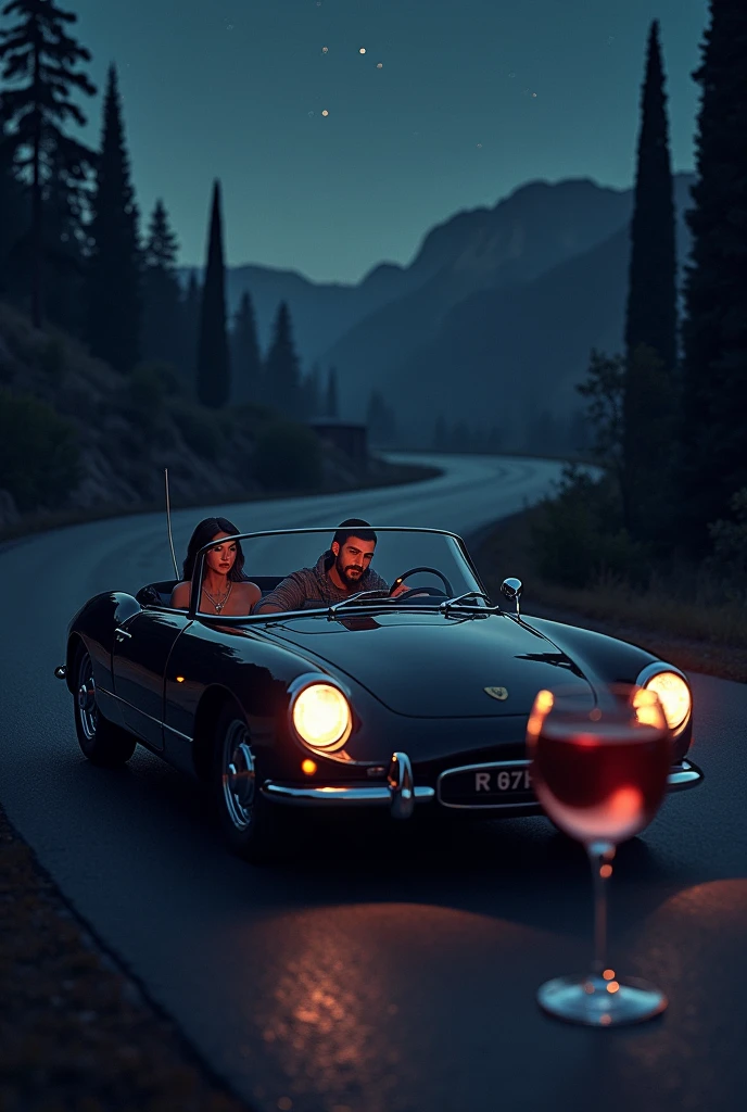 Create an image of a tinted car on a road at night, with two women in the back seat, a man driving and a rose wine 