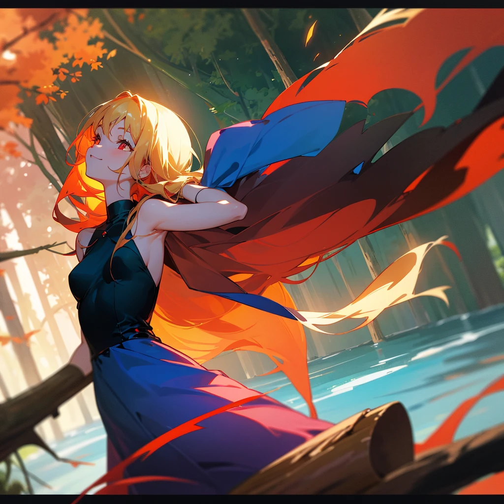 [Whole body]anime, dark redhead woman, with green eyes and a black dress sitting on a log combing the hair of a blonde girl with red eyes and disheveled hair, with a blue dress stained with red, In the background the forest and a lake.High resolution, blond hair, High resolution, detail, quality, Long hair, smile, Red eyes, from one side, perspective, depth of field, Lens flare, animated style, 