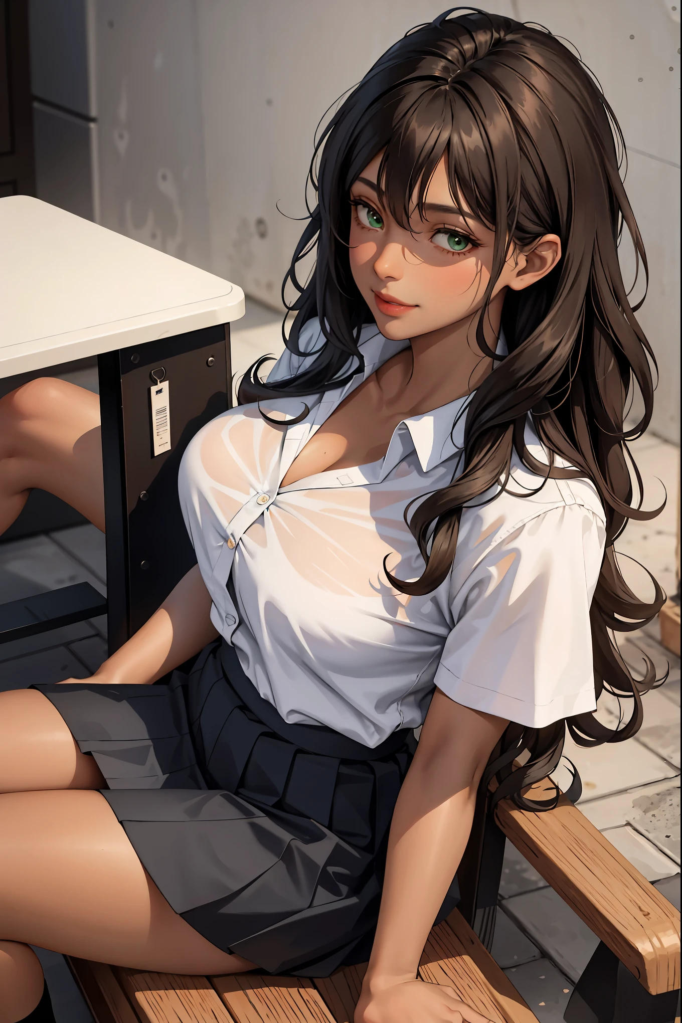 (masterpiece:1.2, best quality), (real picture, intricate details), 1lady, solo, upper body, sitting down, showing legs, casual, school setting, long hair, light makeup, natural fabrics, close-up face, smile, smiling, school, curly black hair, dark hair, curly long hair, curly hair, really long curly hair, bangs, hair bangs, bangs between eyes, green eyes, big breasts, big tits, big butt, skirt, school shirt, school skirt, blue skirt, school skirt, proper uniform clothes, SFW, school proper uniform, goth girl uniform, school, big breasts, big tits, green eyes, tan skin, tanned skin, tan skin, tan skin curly hair, long curly hair, dark skin, brown skin, dark brown skin, black skin