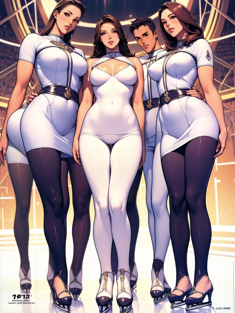 Full body picture：(masterpiece:1.2, best quality),(Very detailed),8K,wallpapeve women standing in a row,Full body picture，All wearing white pantyhose，Figure skater，Tall figure，Long legs，muscular，((White Metal Squadron))