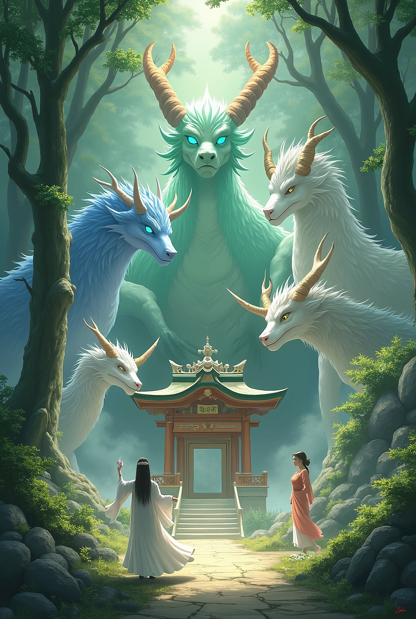 A scene featuring divine beasts and shrine maidens, inspired by Japanese mystical tales.