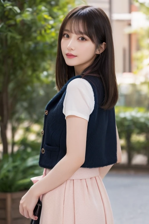 Highest quality、masterpiece、8K、Beautiful woman,、Japan Beauty in her 20s、Snug waist.Light pink vest and skirt、Black lob hair、Beautiful woman