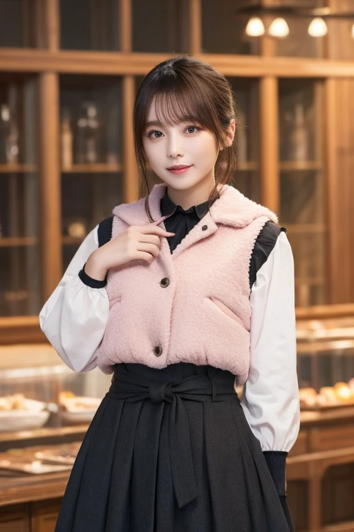 Highest quality、masterpiece、８Ｋ、Beautiful woman,、Japan Beauty in her 20s、Snug waist.Light pink vest and skirt、Black lob hair、Beautiful woman

