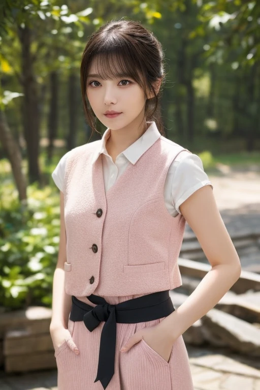 Highest quality、masterpiece、８Ｋ、Beautiful woman,、Japan Beauty in her 20s、Snug waist.Light pink vest and skirt、Black lob hair、Beautiful woman

