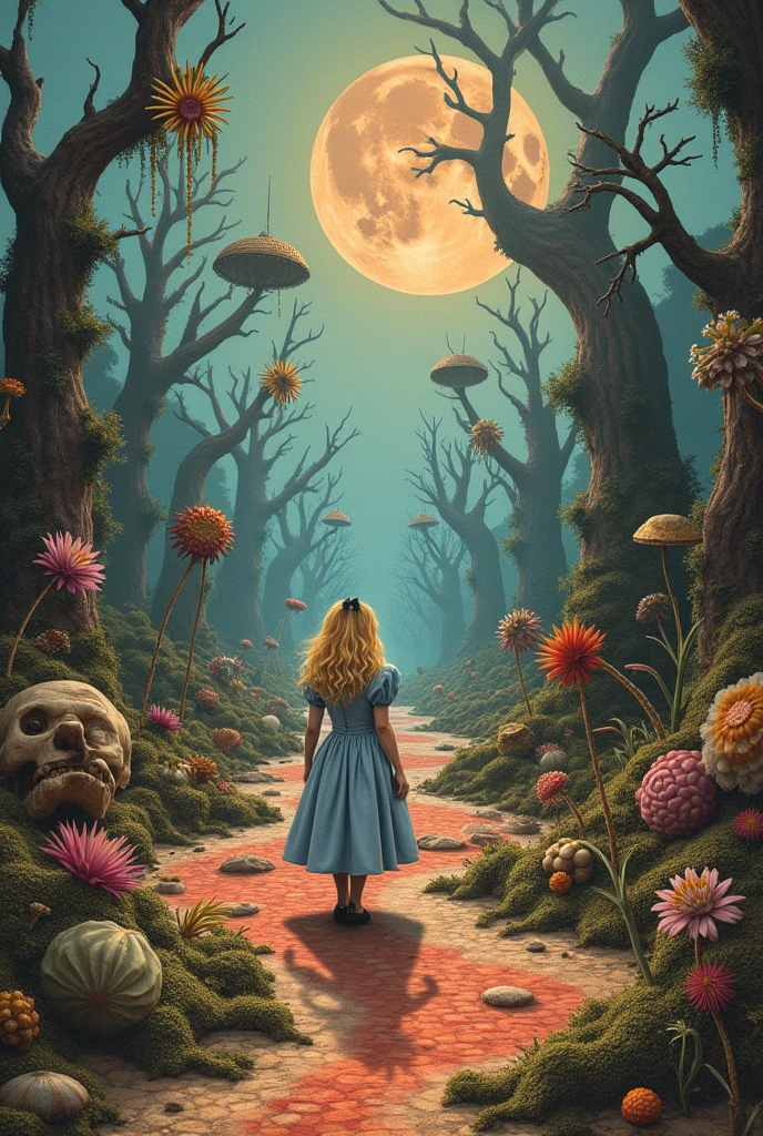 In the center of the picture is Alice.\(Alice in Wonderland), Everything is wrong in the world, Crazy tea party, Wrong perspective, Wrong distance, Very unbalanced, Psychedelic world, The time interval is wrong, The up-down relationship is wrong, The direction of gravity is not right, The relationship between light and shadow is wrong, Alice's shadow is in a different pose., Masterpiece, Hyper realistic, Realistic photo collage, Planar expression, Many strange creatures, Very flat world, Surrealism, Apply a distorted and soft filter, Rorschach test image