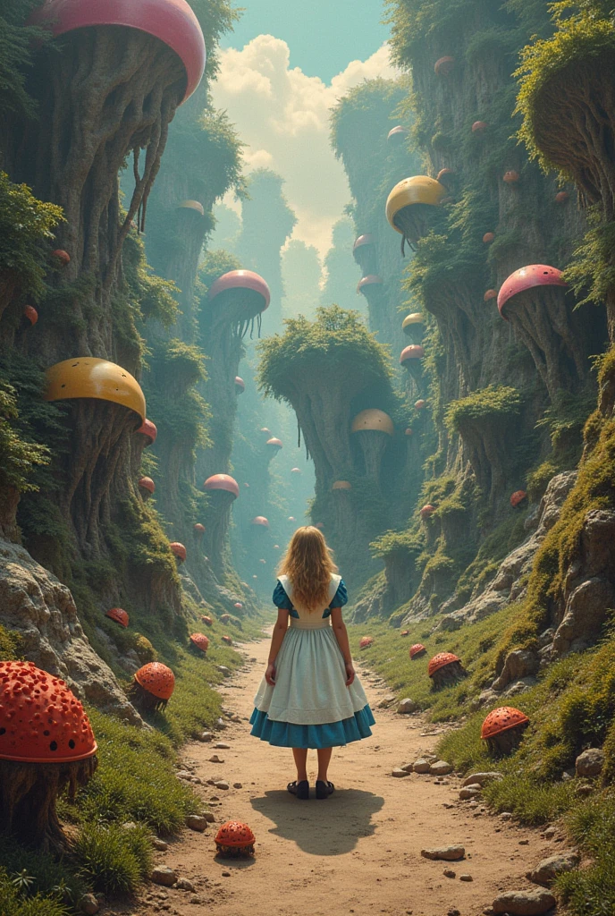 In the center of the picture is Alice.\(Alice in Wonderland), Everything is wrong in the world, Crazy tea party, Wrong perspective, Wrong distance, Very unbalanced, Psychedelic world, The time interval is wrong, The up-down relationship is wrong, The direction of gravity is not right, The relationship between light and shadow is wrong, Alice's shadow is in a different pose., Masterpiece, Hyper realistic, Realistic photo collage, Planar expression, Many strange creatures, Very flat world, Surrealism, Apply a distorted and soft filter, Rorschach test image