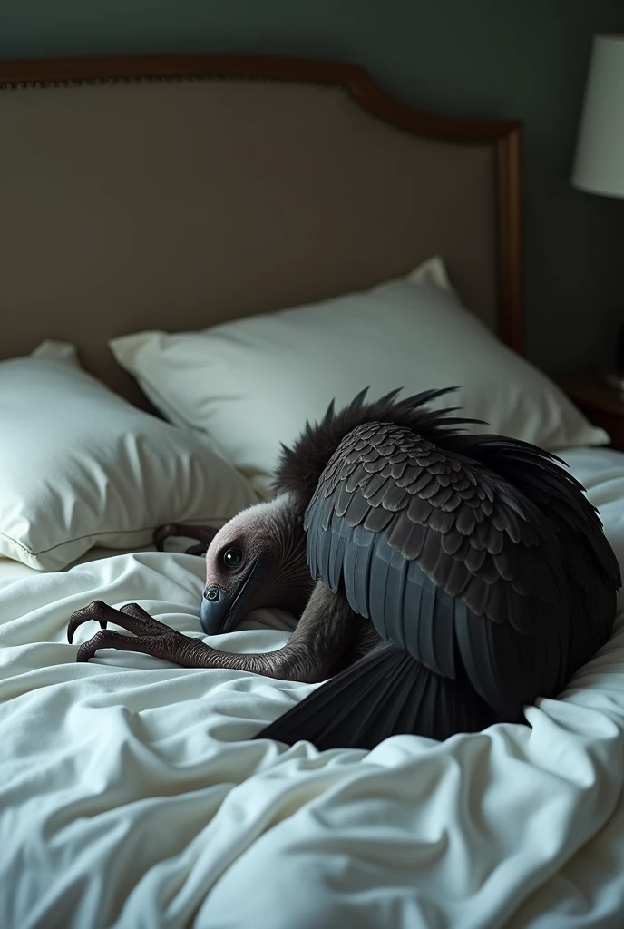 Vulture sleeping on the bed