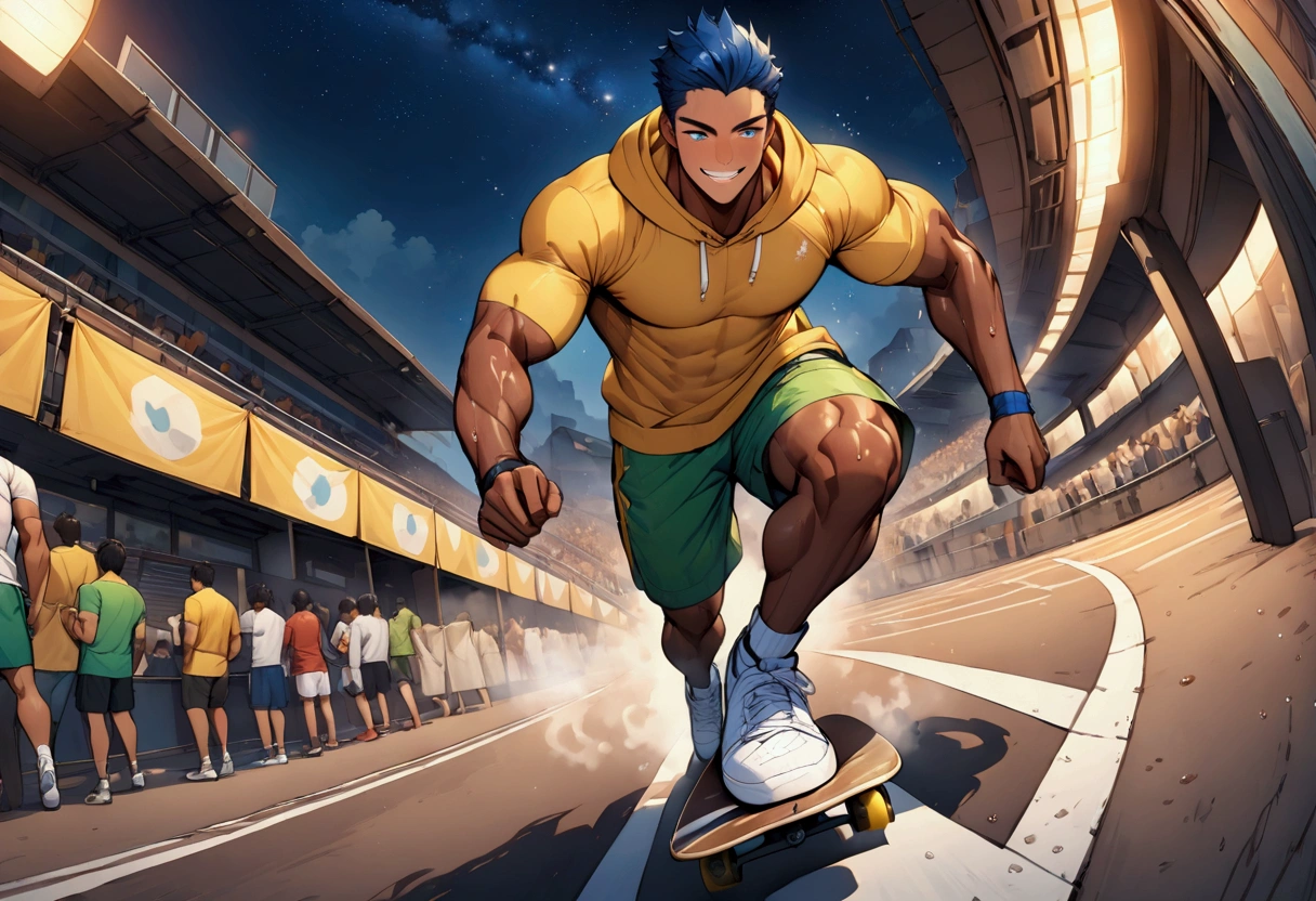 boy、He's wearing a perfect short-sleeved yellow hoodie.、Wearing green shorts、White sneakers、Skateboarding、night、starry skies、smile、Perfect Eyes、Highest quality、High resolution、Super detailed、perfect anatomy、muscular male、(father:0.5)、gay、Blue Hair、Sports haircut、short hair、Brown skin、(sweat:1.3)、steam、full body、wide view