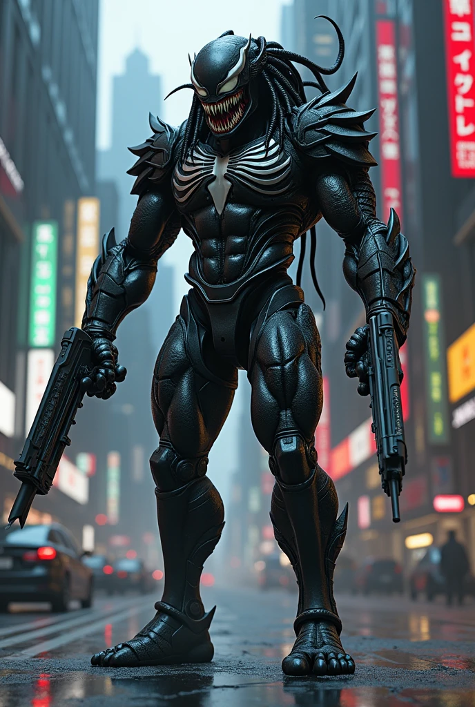 Please draw a fusion of Venom and Predator。Put futuristic weapons in both hands。Make it higher quality。The ratio of Venom to Predator is６versus４Please