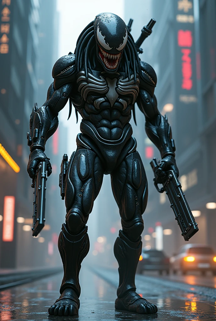 Please draw a fusion of Venom and Predator。Put futuristic weapons in both hands。Make it higher quality。The ratio of Venom to Predator is6versus4Please