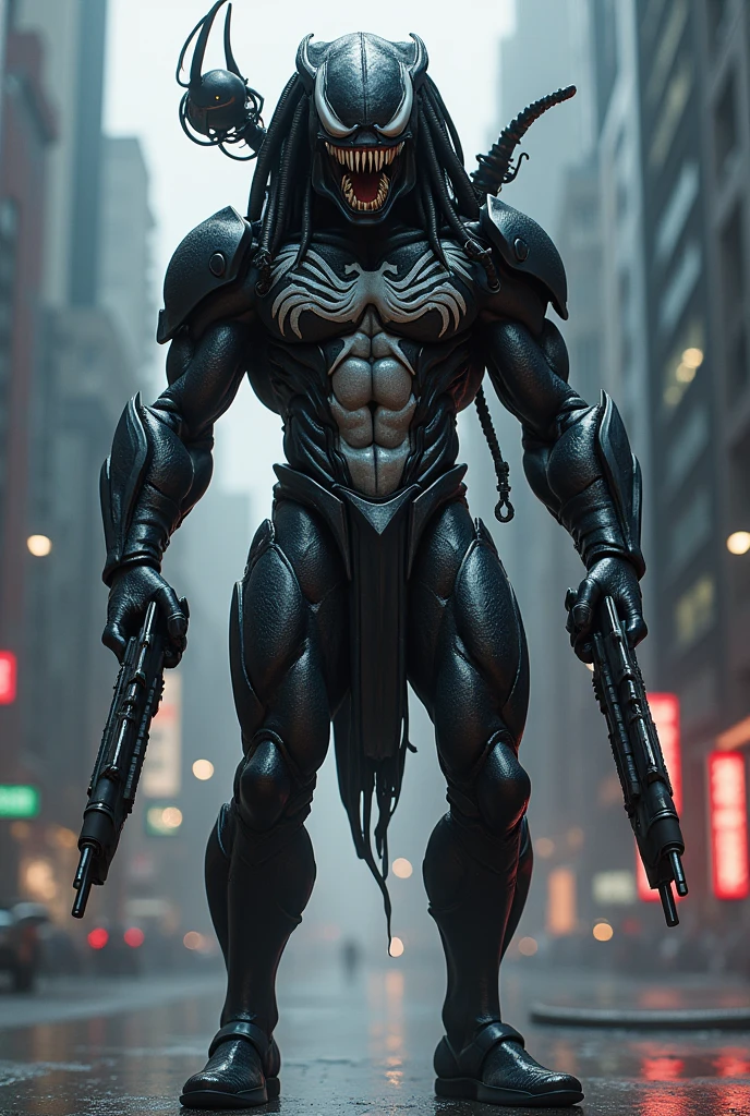 Please draw a fusion of Venom and Predator。Put futuristic weapons in both hands。Make it higher quality。The ratio of Venom to Predator is６versus４Please