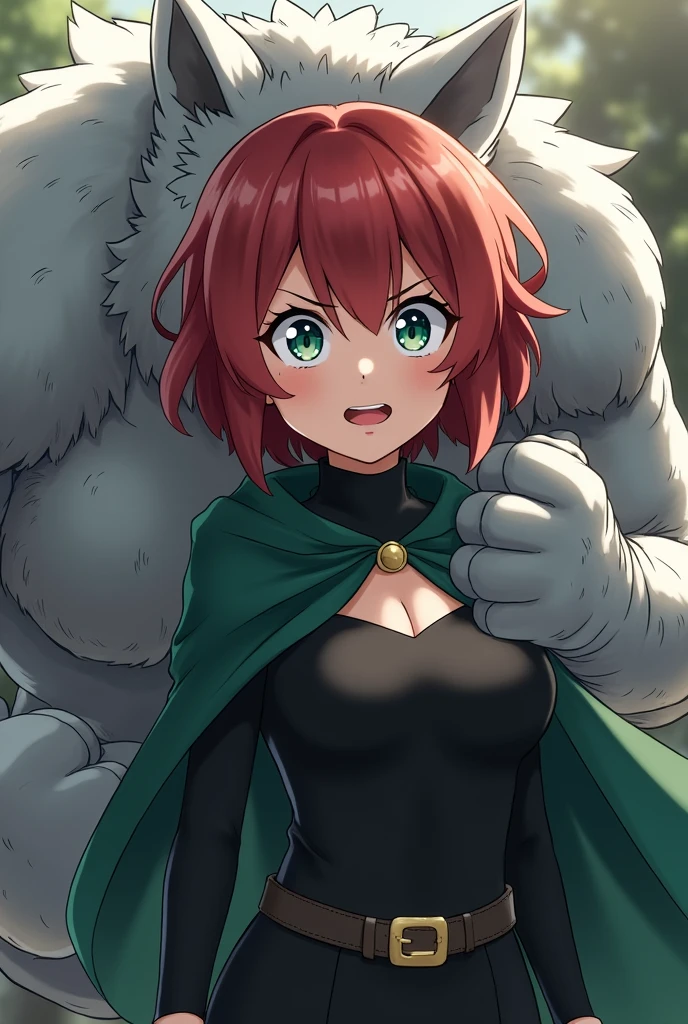 Boku no hero academia character girl cinnamon tone short two-layer hair ,black long sleeved clothing with an opening on the chest ,a little scared,with a green cape, and protected by a monster made of slightly damaged silver