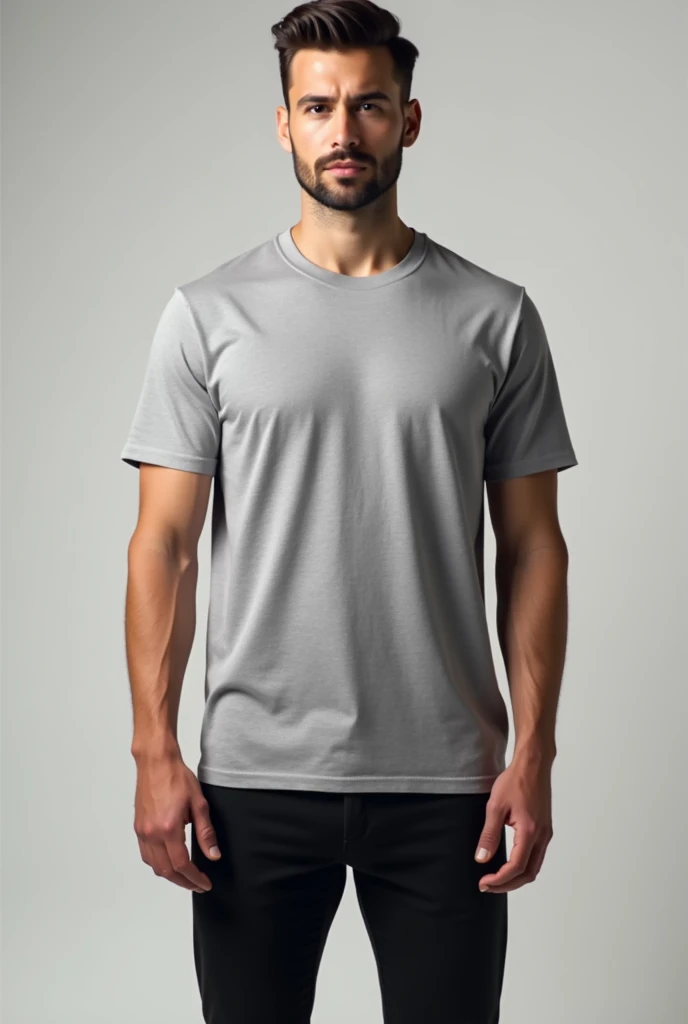 a man standing with a gray t-shirt mockup