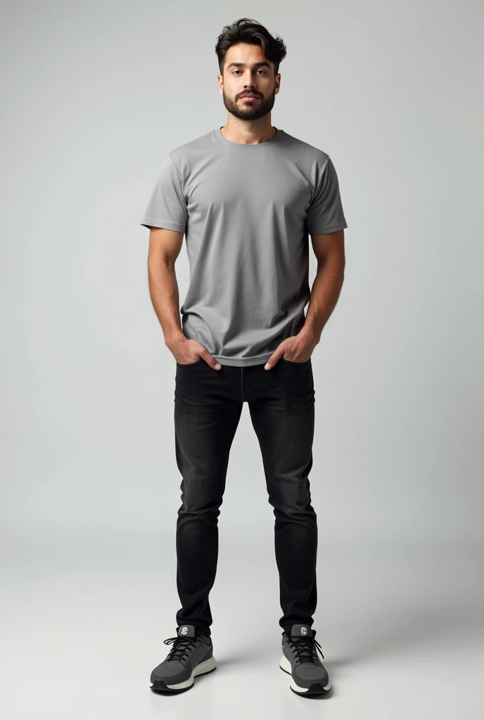 a man standing with a gray t-shirt mockup