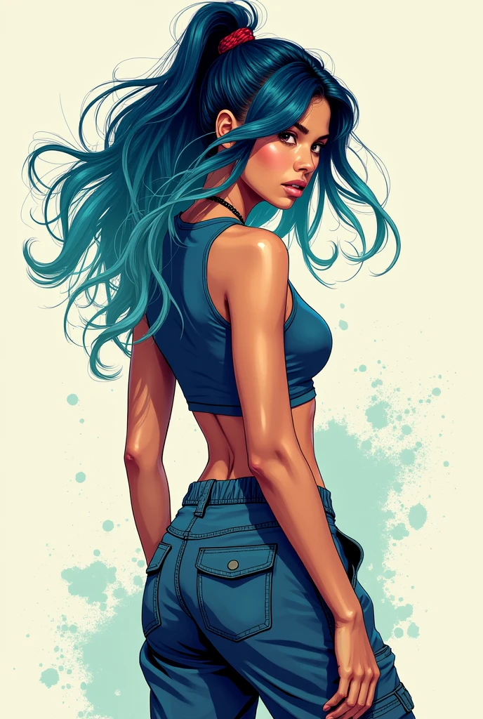 samdoesarts style award winning half body portrait of a beautiful woman in a croptop and cargo pants with ombre navy blue teal hairstyle with head in motion and hair flying, paint splashes, splatter, outrun, vaporware, shaded flat illustration, digital art, trending on artstation, highly detailed, fine detail, intricate
