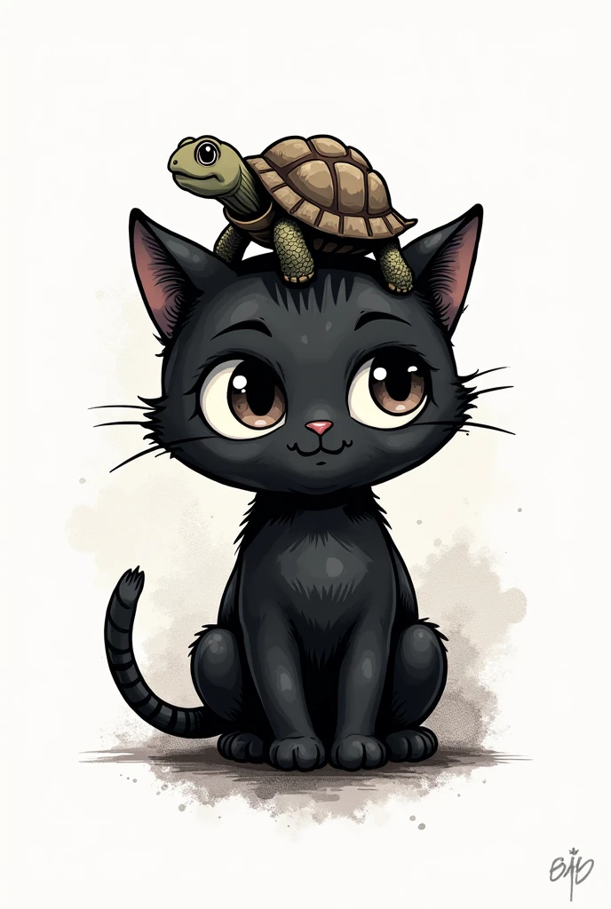 create a tattoo of a black kitten and a turtle on top of the cat&#39;s head, without being a realistic drawing. make in tattoo lines