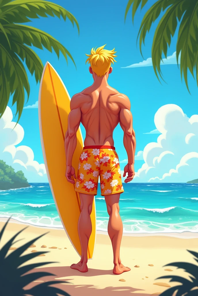 an art that has a beach, sand and a blond man holding a surfboard looking at the horizon