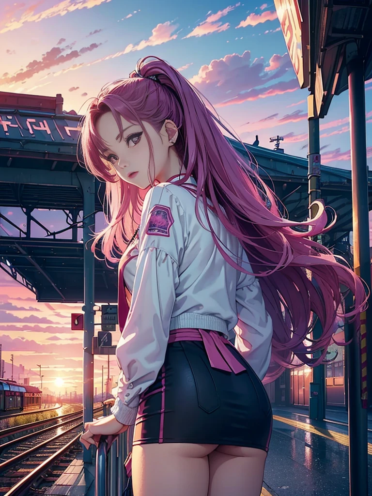 magenta tint、vibrant with colors、((tmasterpiece)))、(((top-quality)))、((ultra - detailed))、(Surreal)、(Very detailed CG illustration）、offcial art、CD cover、It will be、midsummer、fashionably、The glorious 1980s、Cool beauty、cochetti gorgeous、incomparable beauty、colorfulhair、Rock music、jaqueta de couro、Superskirt、Women only、perfect angle、Perfectcomposition、(twilight，railway station，train，rosy clouds)，