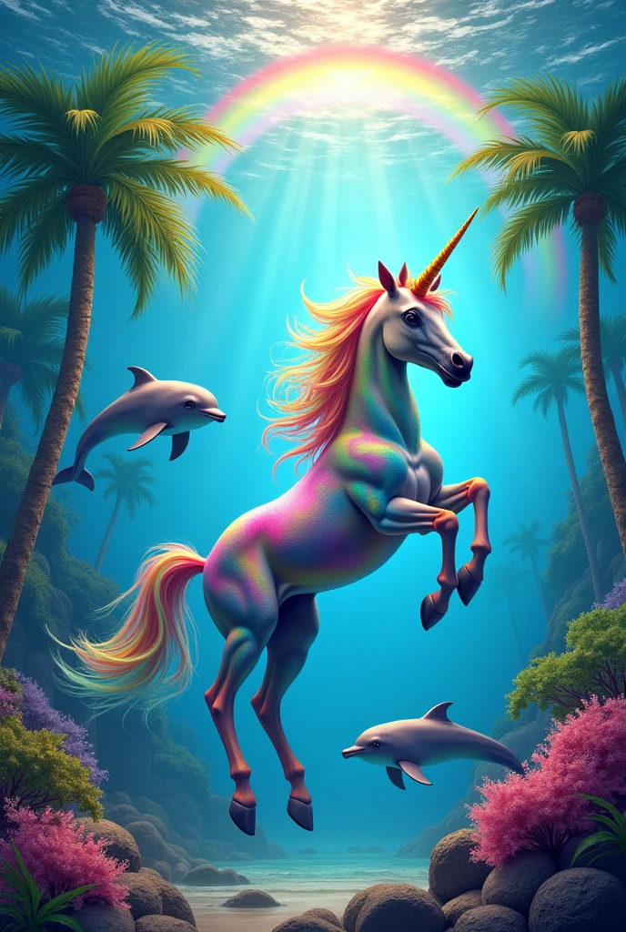 Colorful unicorn with dolphins in the sea with palm trees and a rainbow out of the sea