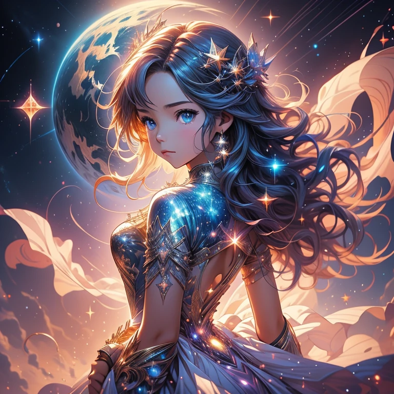 a picture taken from a digital painting of a girl in a dress, beautiful anime artwork, wearing a dress made of stars, star on dress, beautiful anime art, makoto shinkai cyril rolando, magical dress, anime fantasy illustration, anime fantasy artwork, ethereal anime, anime girl with cosmic hair, dreamlike art, cosmic skies. by makoto shinkai, anime art wallpaper 4 k