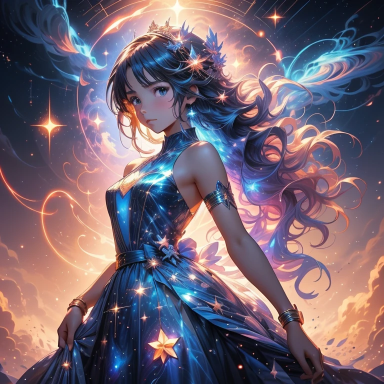 a picture taken from a digital painting of a girl in a dress, beautiful anime artwork, wearing a dress made of stars, star on dress, beautiful anime art, makoto shinkai cyril rolando, magical dress, anime fantasy illustration, anime fantasy artwork, ethereal anime, anime girl with cosmic hair, dreamlike art, cosmic skies. by makoto shinkai, anime art wallpaper 4 k