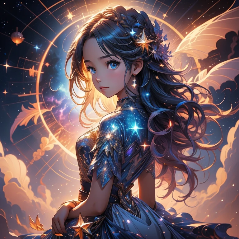 a picture taken from a digital painting of a girl in a dress, beautiful anime artwork, wearing a dress made of stars, star on dress, beautiful anime art, makoto shinkai cyril rolando, magical dress, anime fantasy illustration, anime fantasy artwork, ethereal anime, anime girl with cosmic hair, dreamlike art, cosmic skies. by makoto shinkai, anime art wallpaper 4 k