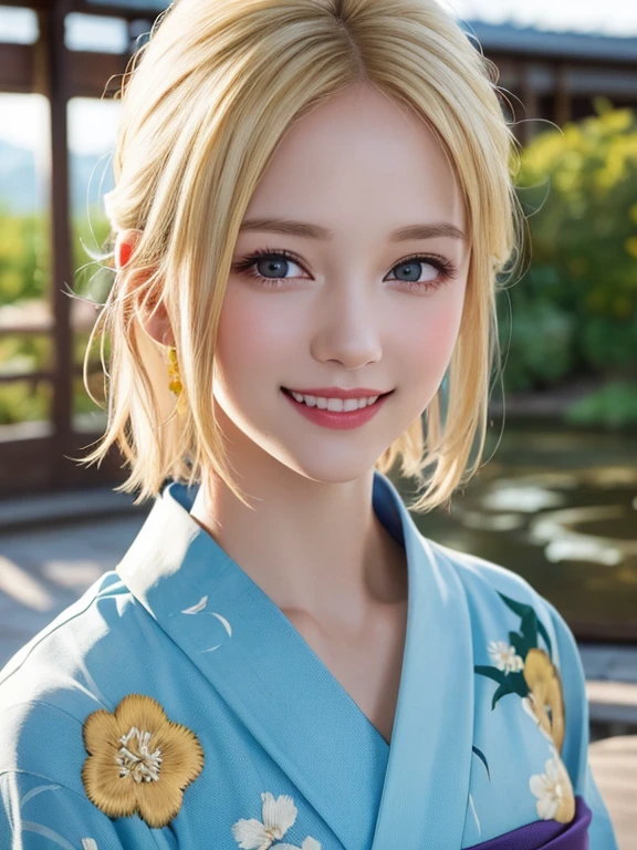 (Highest quality、8k、32K、masterpiece)、(RAW Photos)、(Realisticな)、(High resolution)、Very detailedな、Very beautiful face and eyes、One Girl、Round and small face、Delicate body、(close、Highest quality、Rich skin detail、Highest quality、8k)、Very detailed、(Realistic、Realistic:1.37)、Vibrant colors、(((Laughter)))、(((Blonde)))、(((Touch your chest with your right hand)))、(((smile)))、(((Bust Shot)))、(((hot spring)))、((Medium Hair))、(((blonde)))、(((She is wearing a yukata with gorgeous embroidery and a pop design..)))、(((Japanese garden)))、