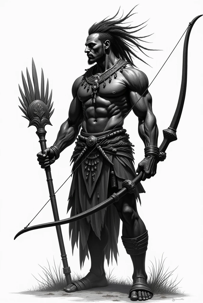 Orisha Oxossi in black and white, only with the bow in hand